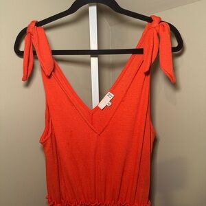 RO & DE Waffle Knit Jumpsuit V-Neck Shoulder Ties Ruffled Waist Medium i19